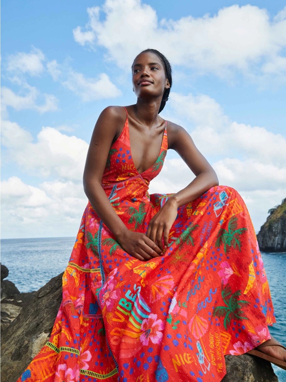 Farm Rio Good Vibes Maxi Dress - Red Tropical Print - Picture 1 of 4